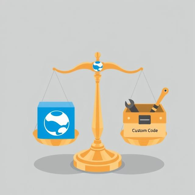 A scale balancing a Drupal logo box labeled "Contrib" on one side and a toolbox labeled "Custom Code" on the other.
