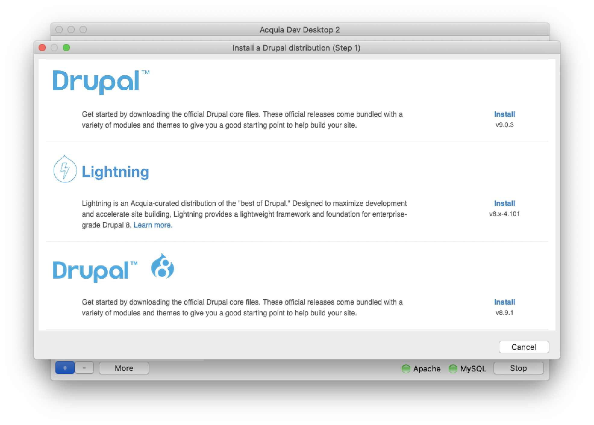 Acquia Dev DesktopのさまざまなDrupalディストリビューション