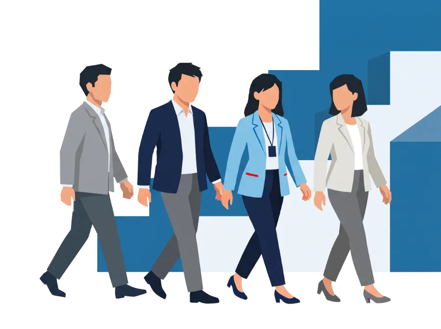 階段状の図形の前を、4人のビジネスパーソンが並んで歩くイラスト。事業を前に進めるイメージ