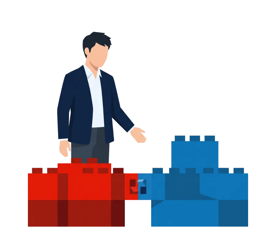 赤いブロックと青いブロックをつなぐ男性のイラスト。現行サイトと新サイトを並行して準備するイメージ