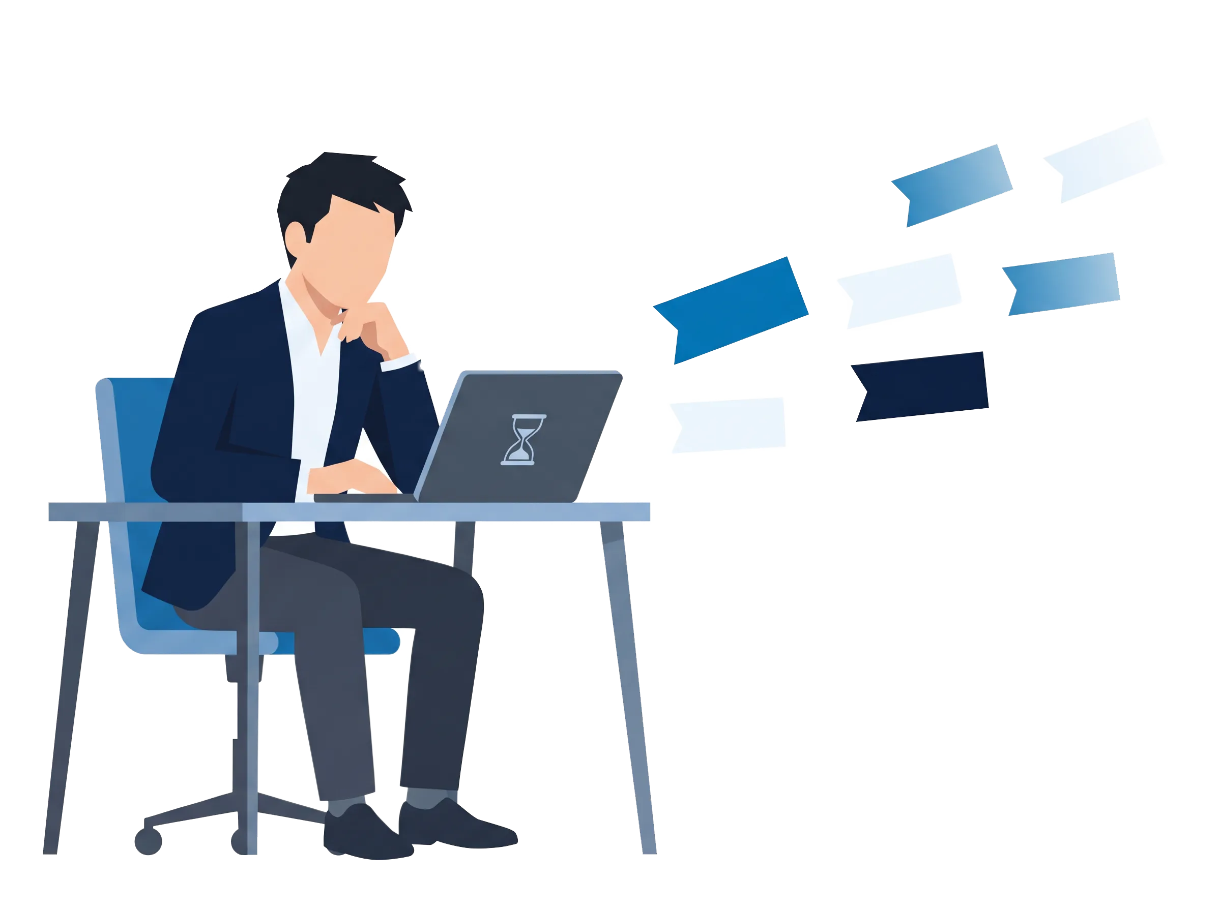 砂時計が表示されたノートパソコンの前で、あごに手を当てて待つ男性のイラスト。右側には、流れ去っていく矢羽根状の図形が並ぶ